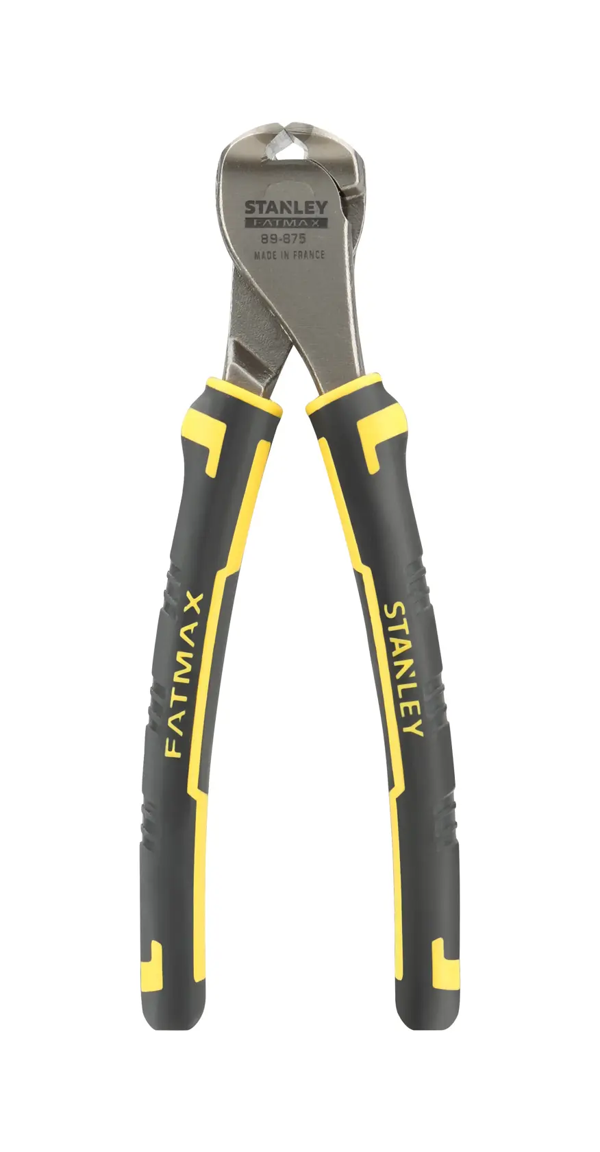 STANLEY 0-89-875 FATMAX diagonal cutting pliers, black and yellow handles, front angle photo.