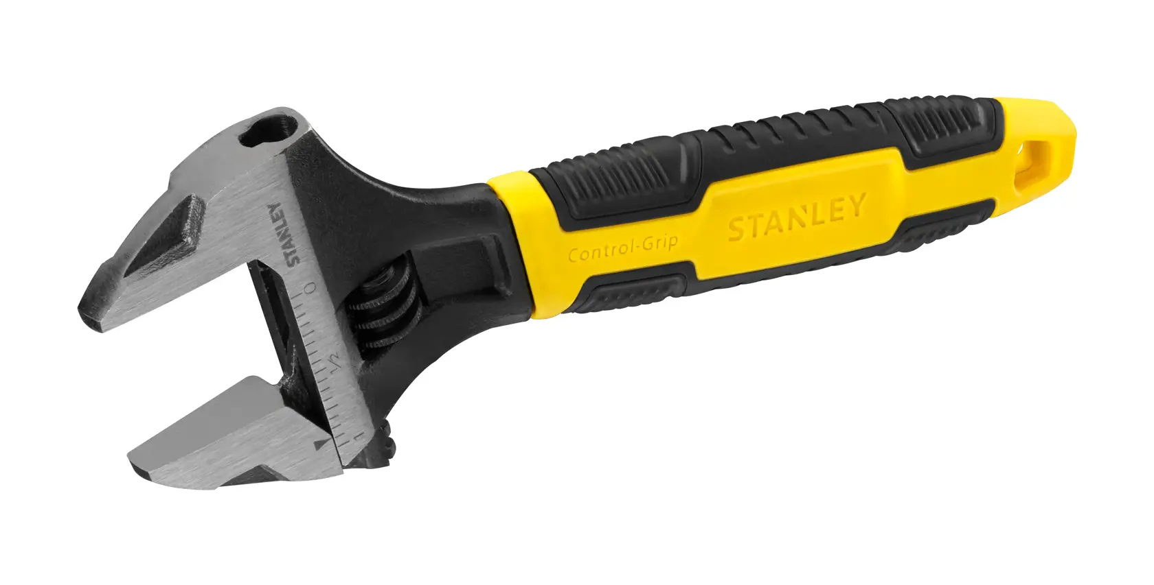 Verstellbarer Schraubenschlüssel mit gelb-schwarzem Stanley-Griff, für verschiedene Schraubengrößen.