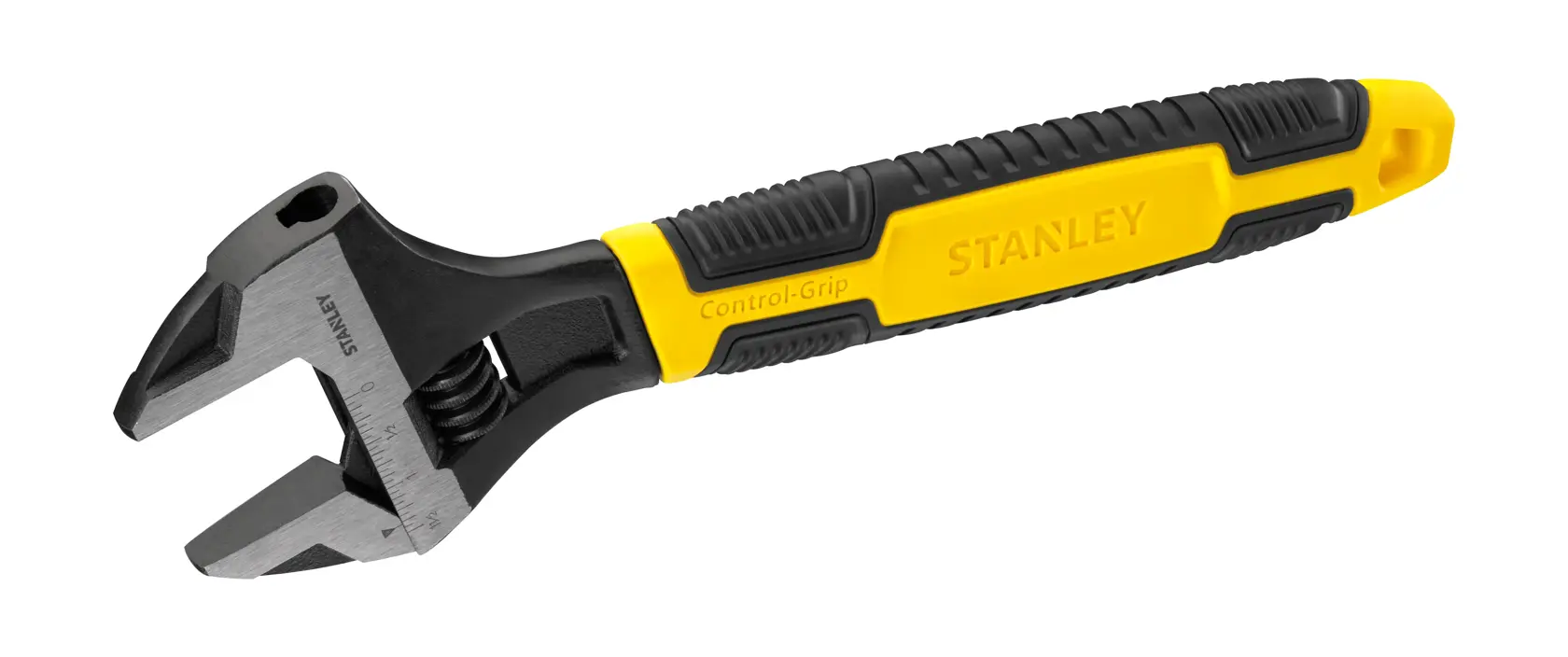 Verstellbarer Stanley-Schraubenschlüssel mit gelb-schwarzem Griff auf weißem Hintergrund.