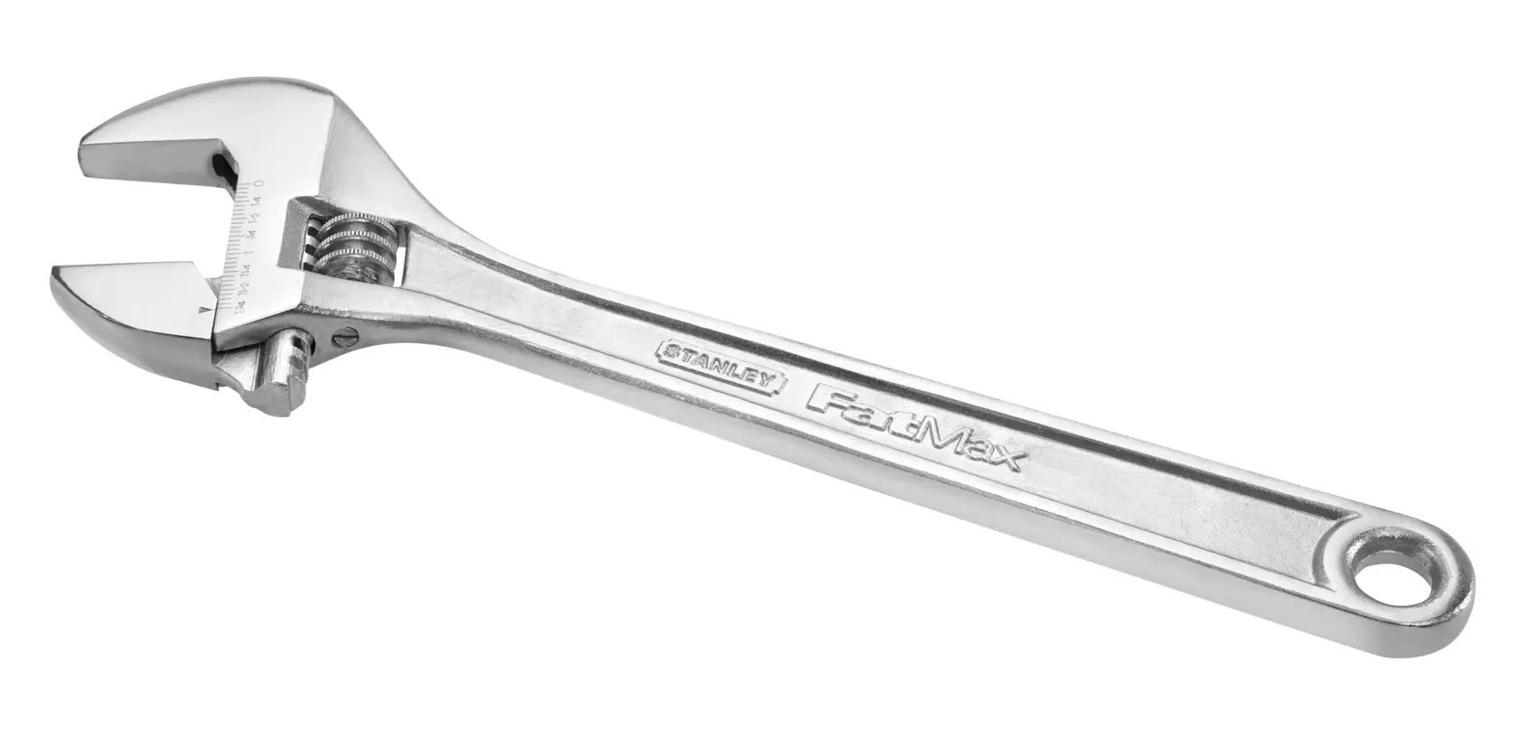 Photo of STANLEY SKU 0-95-876 adjustable wrench, silver finish, side angle on white background.