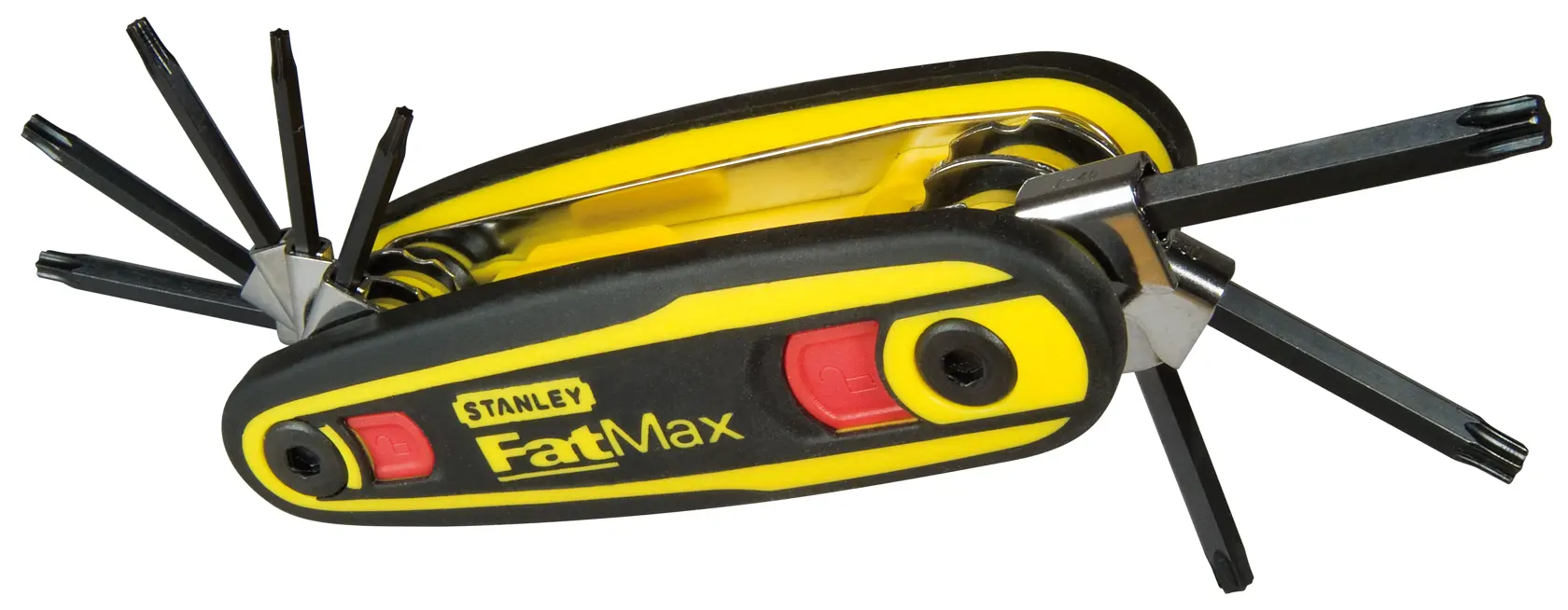 STANLEY 0-97-553 Klappbarer Torx-Schlüsselsatz, gelb-schwarzer Griff, Seitenansicht, mehrere Schlüssel ausgeklappt.
