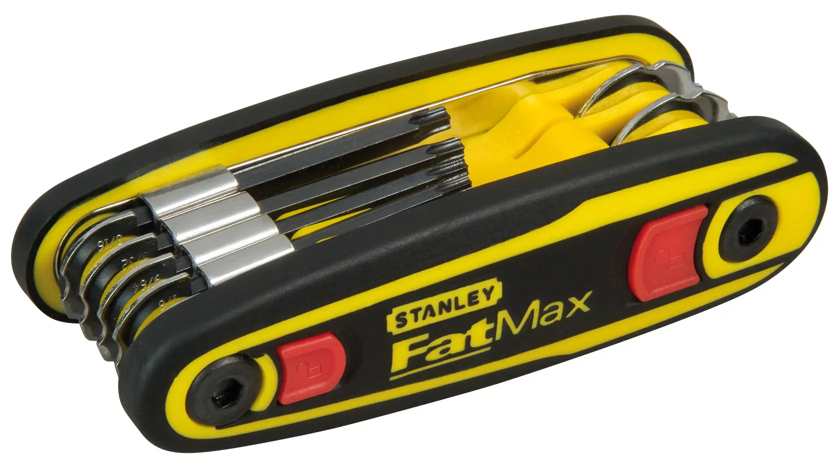 STANLEY 0-97-553 Inbusschlüssel-Set, schwarz und gelb, Seitenansicht auf weißem Hintergrund.