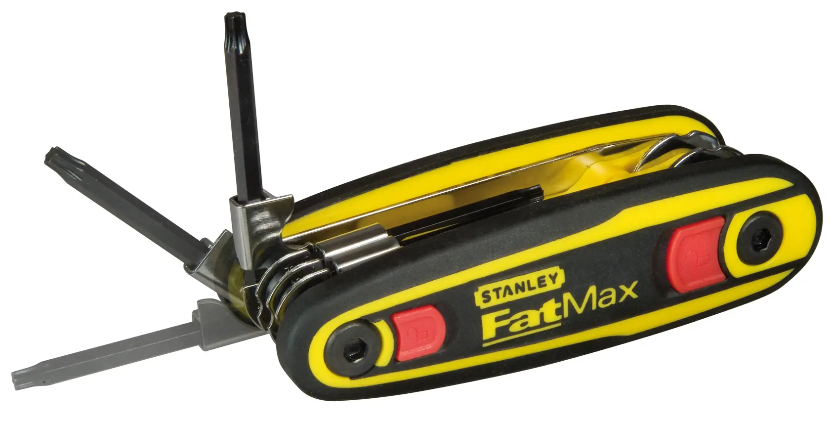 STANLEY 0-97-553 klappbarer Multibit-Schraubendreher mit schwarz-gelbem Griff, Seitenansicht, mehrere Bits ausgeklappt.