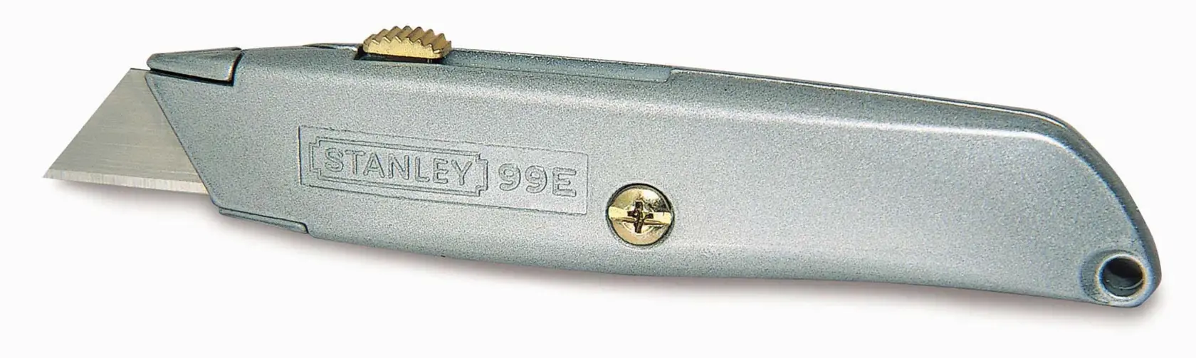 Stanley 99E Universalmesser mit silbernem Metallgehäuse und einziehbarer Klinge, ideal für Schneidarbeiten.