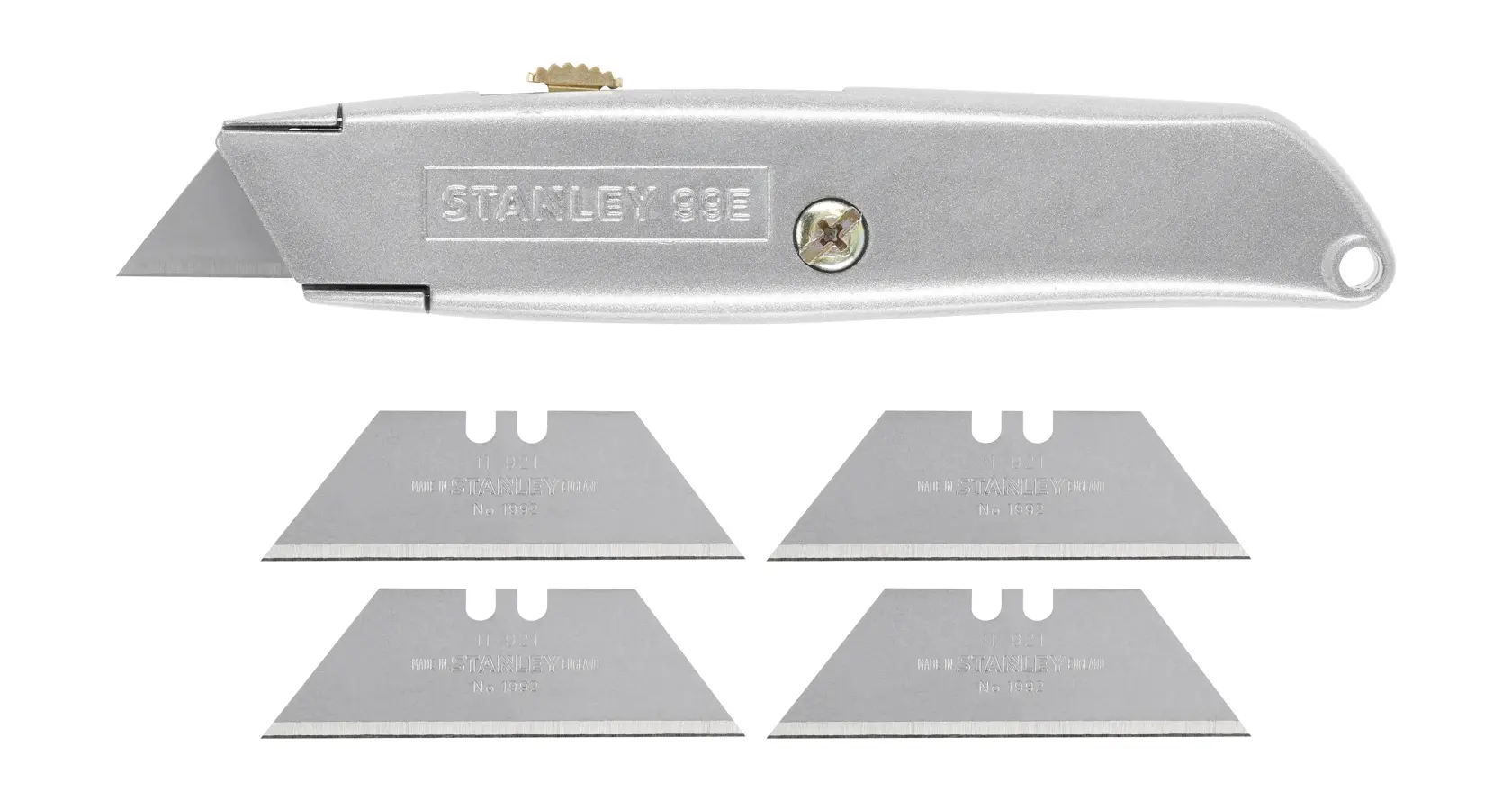 STANLEY 1-10-099 Universalmesser silbernes Metallgehäuse mit fünf Ersatzklingen, Produktfotografie, Seitenansicht.