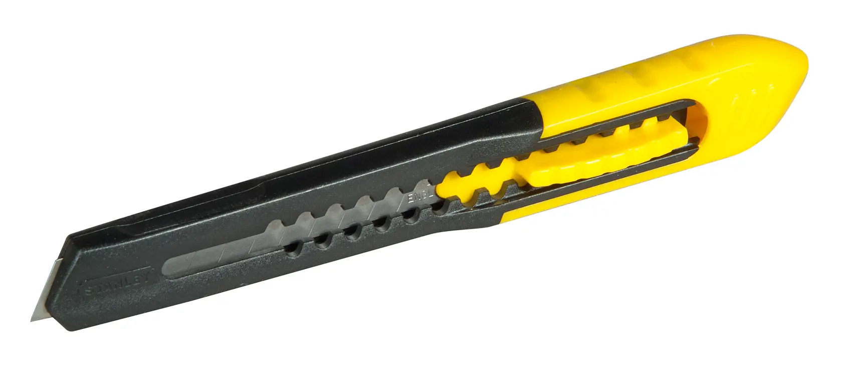 Stanley Universalmesser mit versenkbarer Klinge, schwarz-gelber Griff, auf weißem Hintergrund dargestellt.