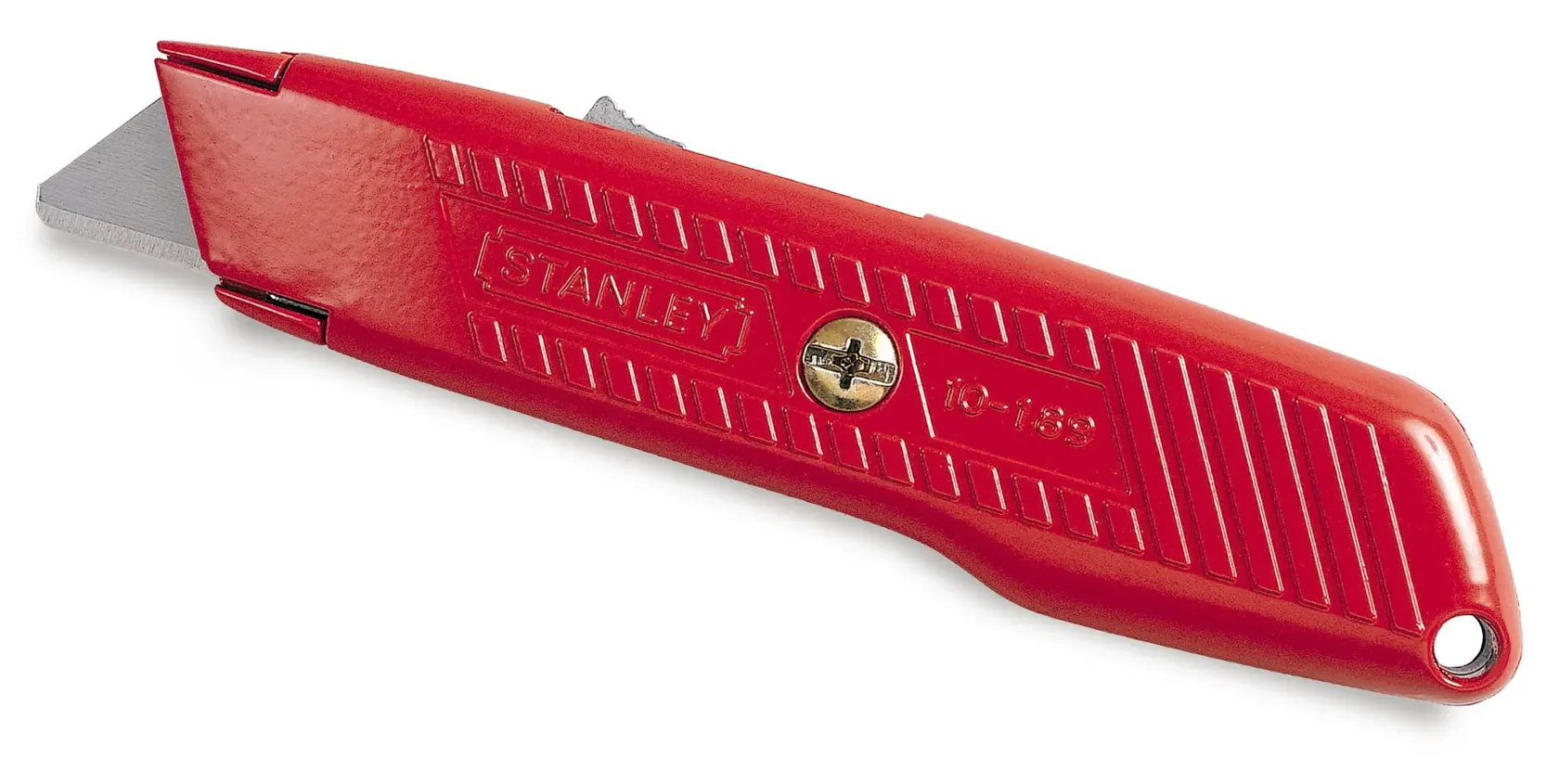 Rotes Stanley Universalmesser mit Metallklinge, Modell 1-10-189, vor weißem Hintergrund.