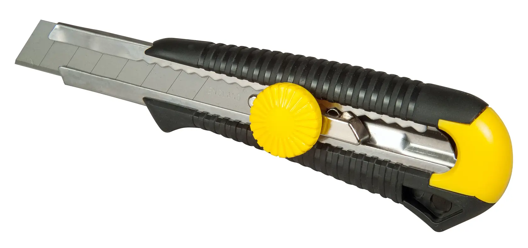 STANLEY 1-10-418 utility knife with snap-off blade, black and yellow, side angle on white background.