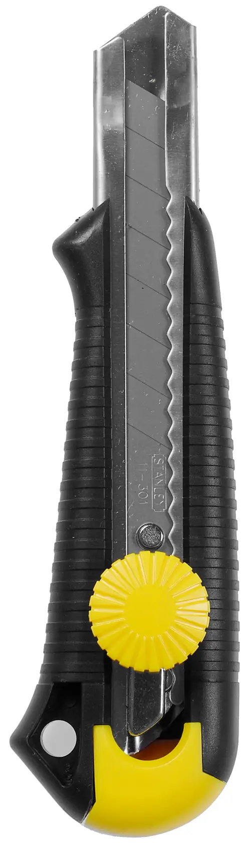 Photo of STANLEY 1-10-418 utility knife with black ribbed handle and yellow blade lock, front view on white background.