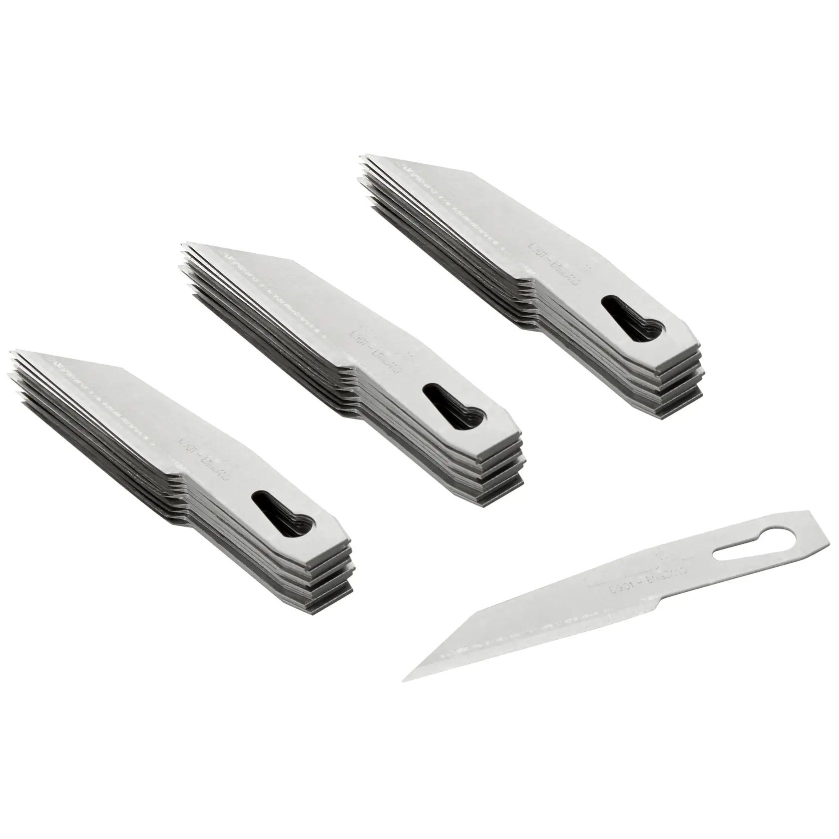 STANLEY 1-11-221 Ersatzklingen für Universalmesser, 4 Stapel silberne Klingen auf weißem Hintergrund.