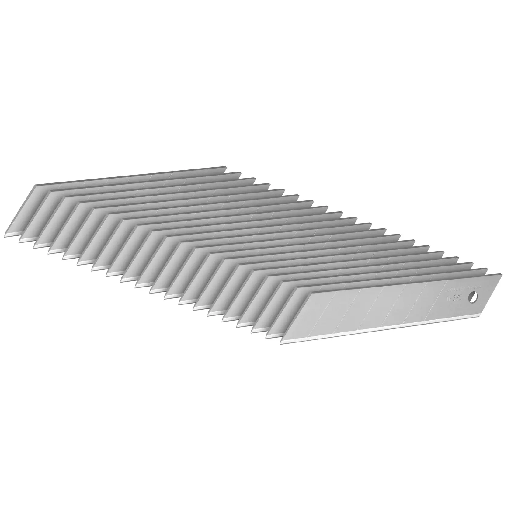 STANLEY 1-11-325 Abbrechklingen, silber, Satz von Klingen fächerförmig angeordnet, Produktfoto auf weißem Hintergrund.