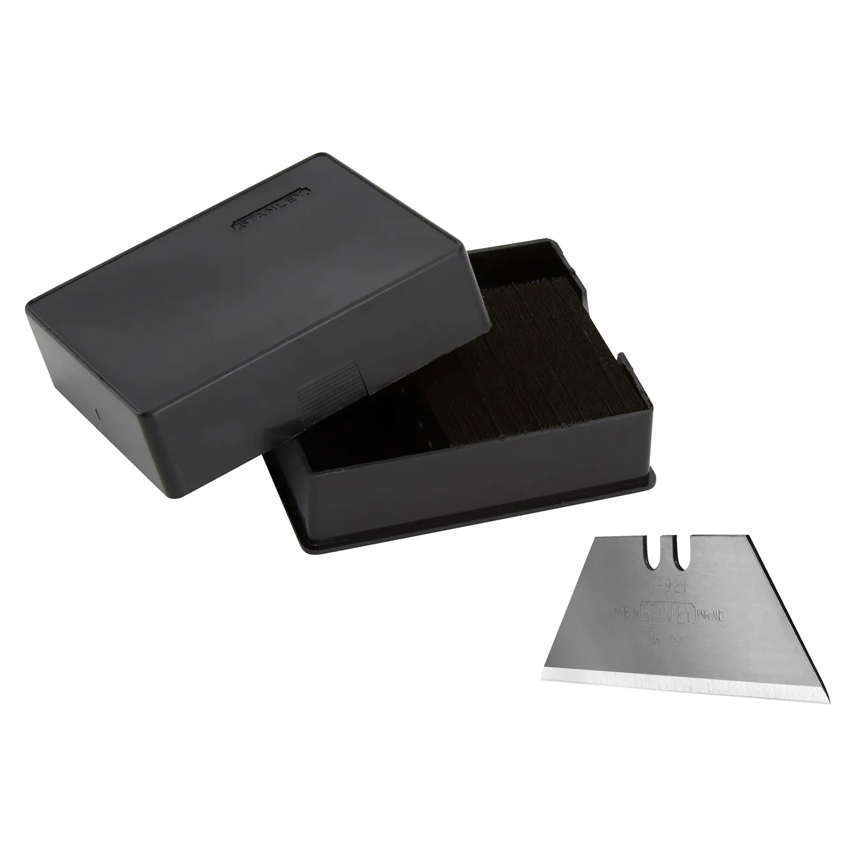 STANLEY 1-11-921 Universalmesser-Klingen in schwarzer Kunststoffbox, schräg auf weißem Hintergrund abgebildet.