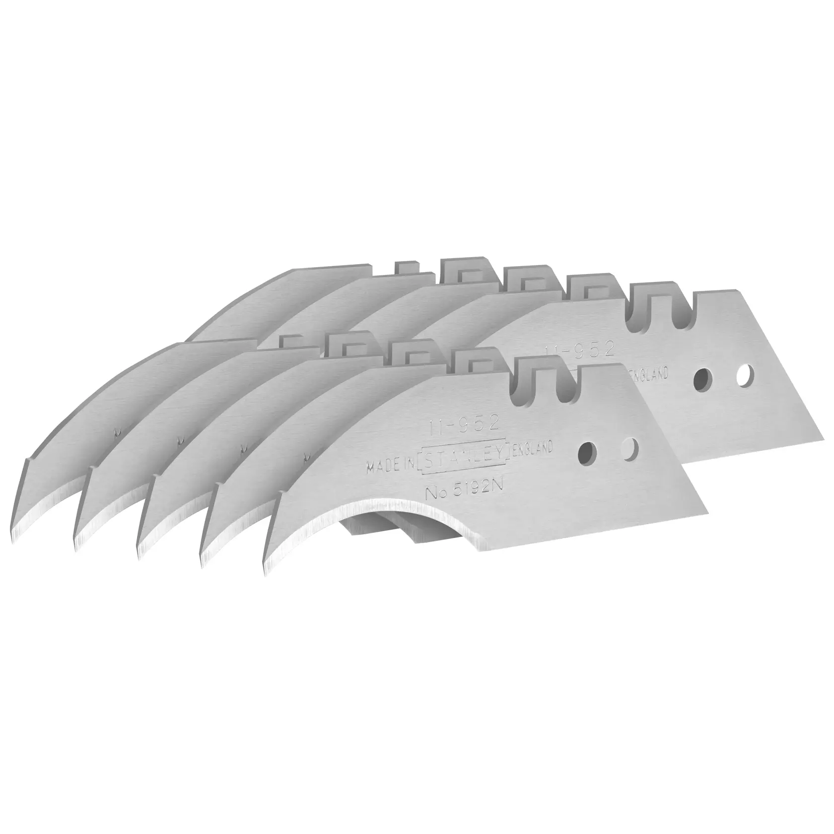 Fünf STANLEY Universalmesser-Klingen mit gebogenen Kanten auf weißem Hintergrund.