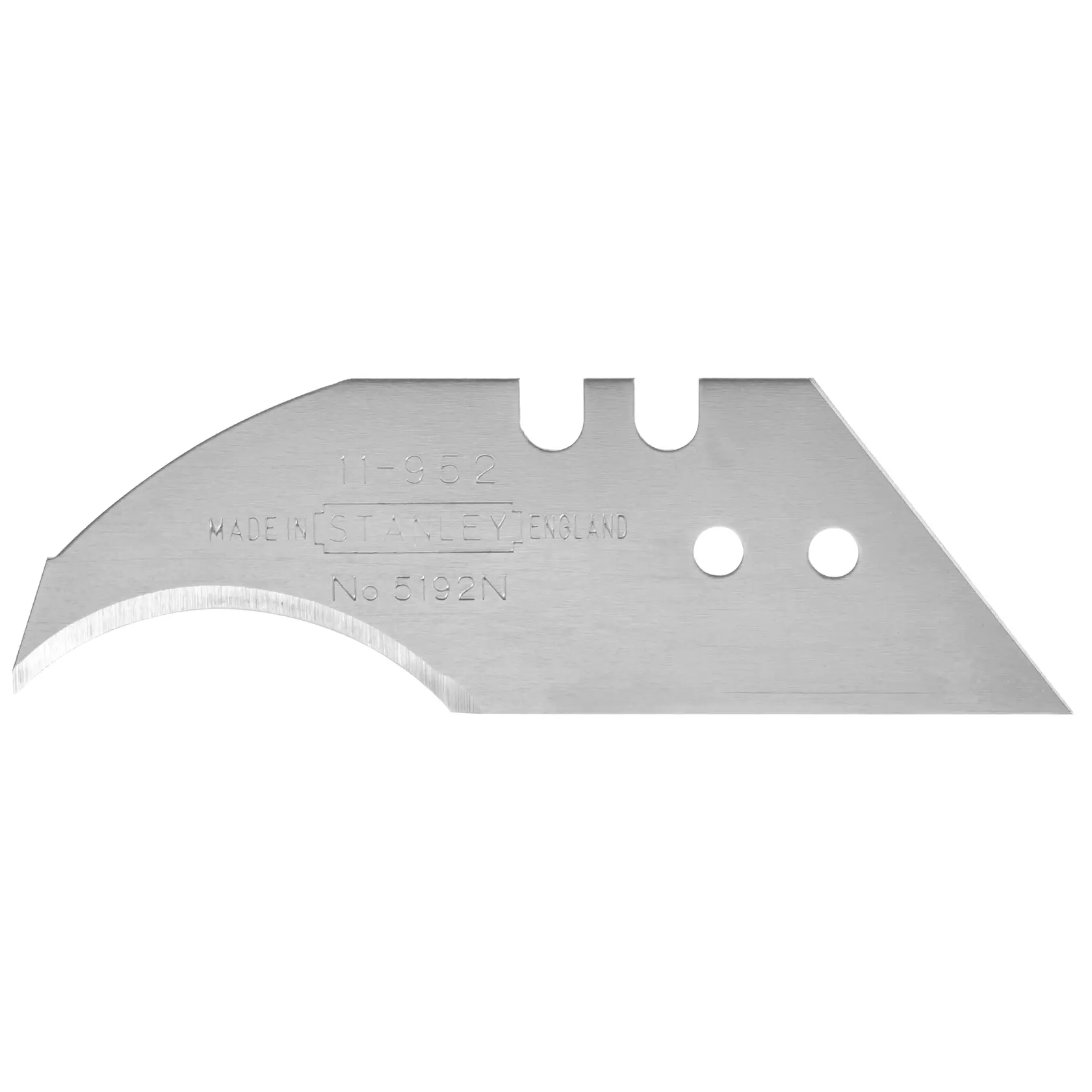 STANLEY 1-11-952 Ersatz-Universalmesser-Klinge, gebogen und angewinkelt, silberfarbenes Metall, Fotografie vor weißem Hintergrund.