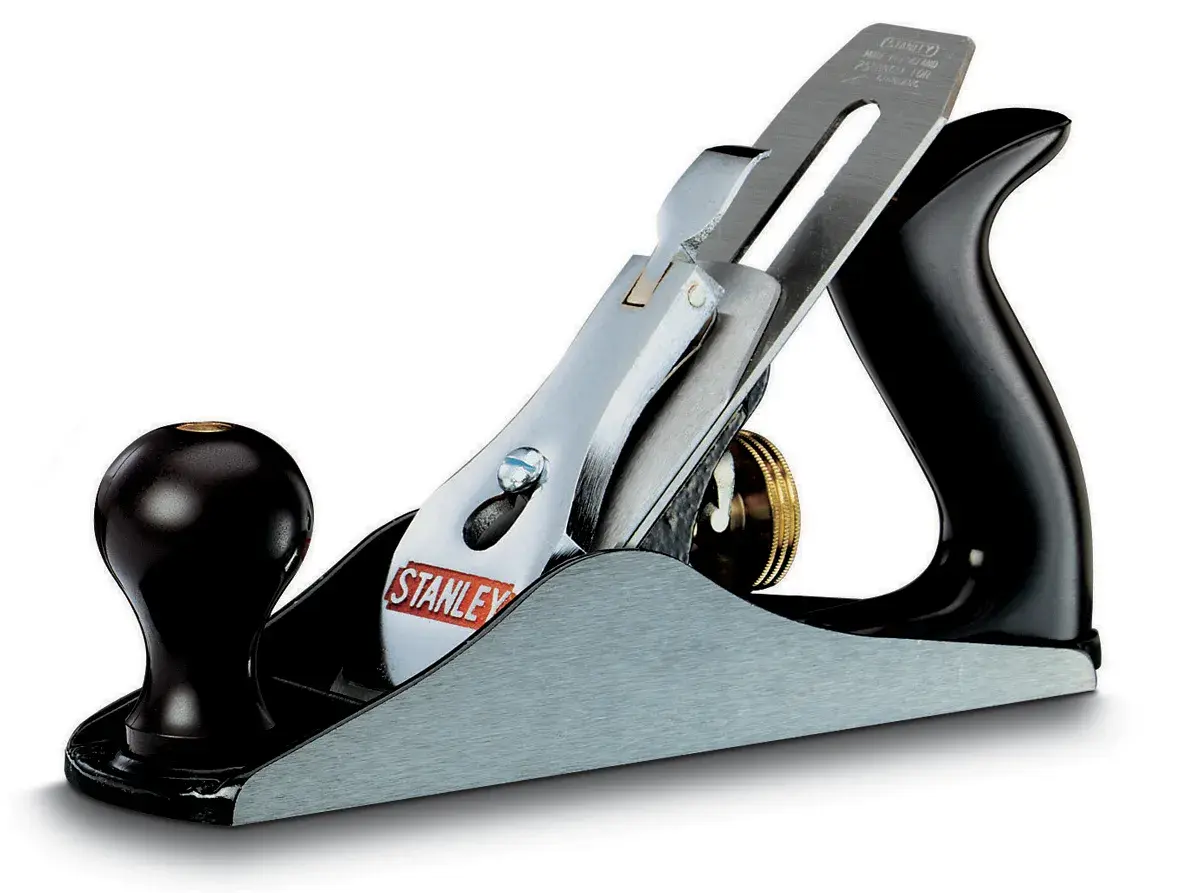 STANLEY 1-12-004 Bankhobel mit schwarzem Griff und Knauf, Produktansicht vor weißem Hintergrund.