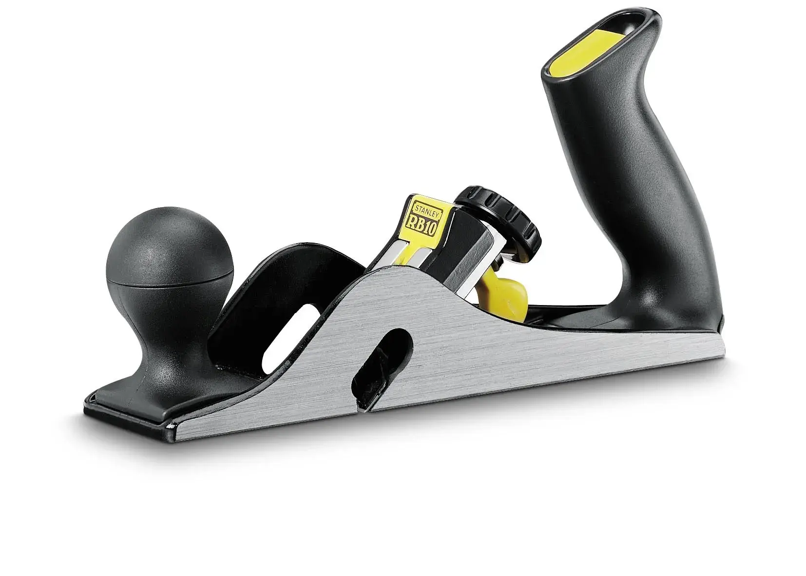 STANLEY 1-12-100 Handhobel mit schwarzem Griff und Knauf, gelbe Akzente, Seitenansicht auf weißem Hintergrund.