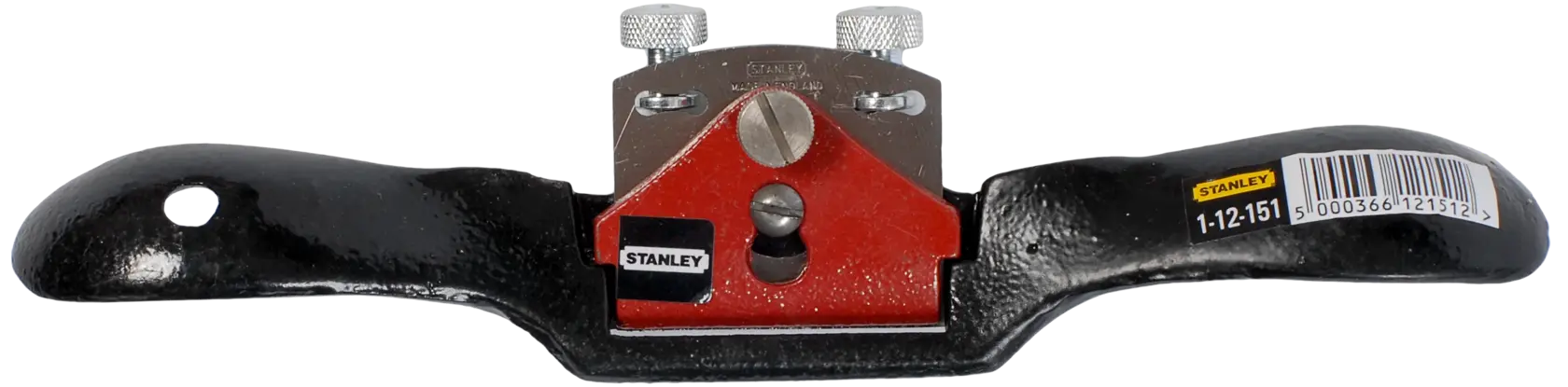 Stanley Spokeshave-Handwerkzeug mit schwarzen Griffen und rotem Körper, Modell 1-12-151, zum Formen von Holz.