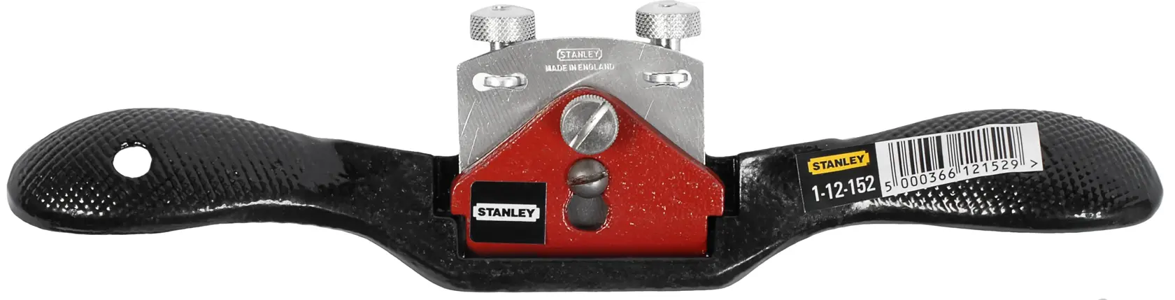 Stanley Spokeshave Werkzeug mit schwarzen Griffen, rotem Körper und verstellbarer Klinge, SKU 1-12-152.