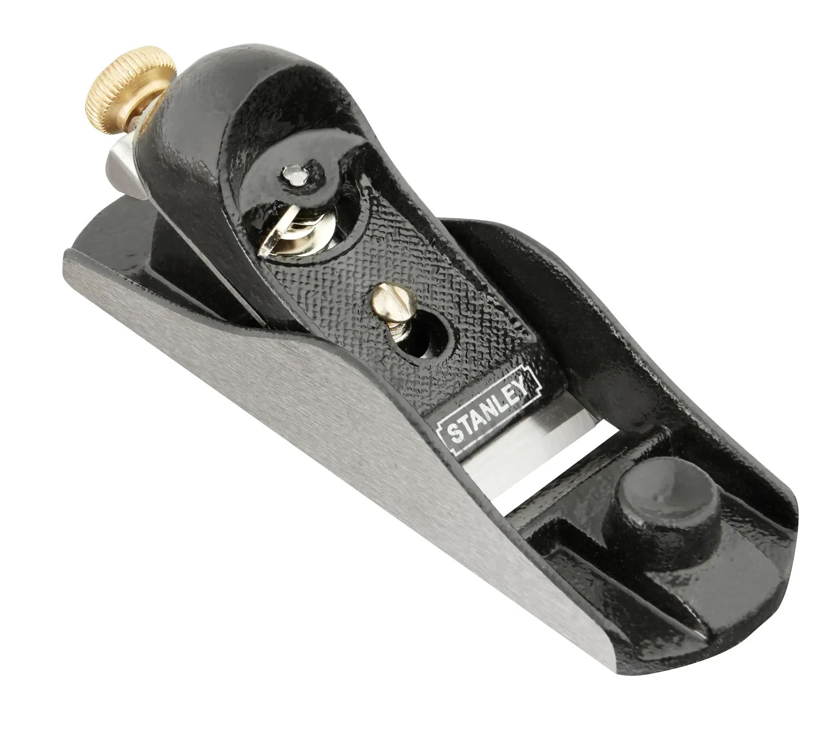 STANLEY 1-12-220 Hobel, Handwerkzeug in Schwarz und Silber, Dreiviertelansicht, Metallverstellrad.
