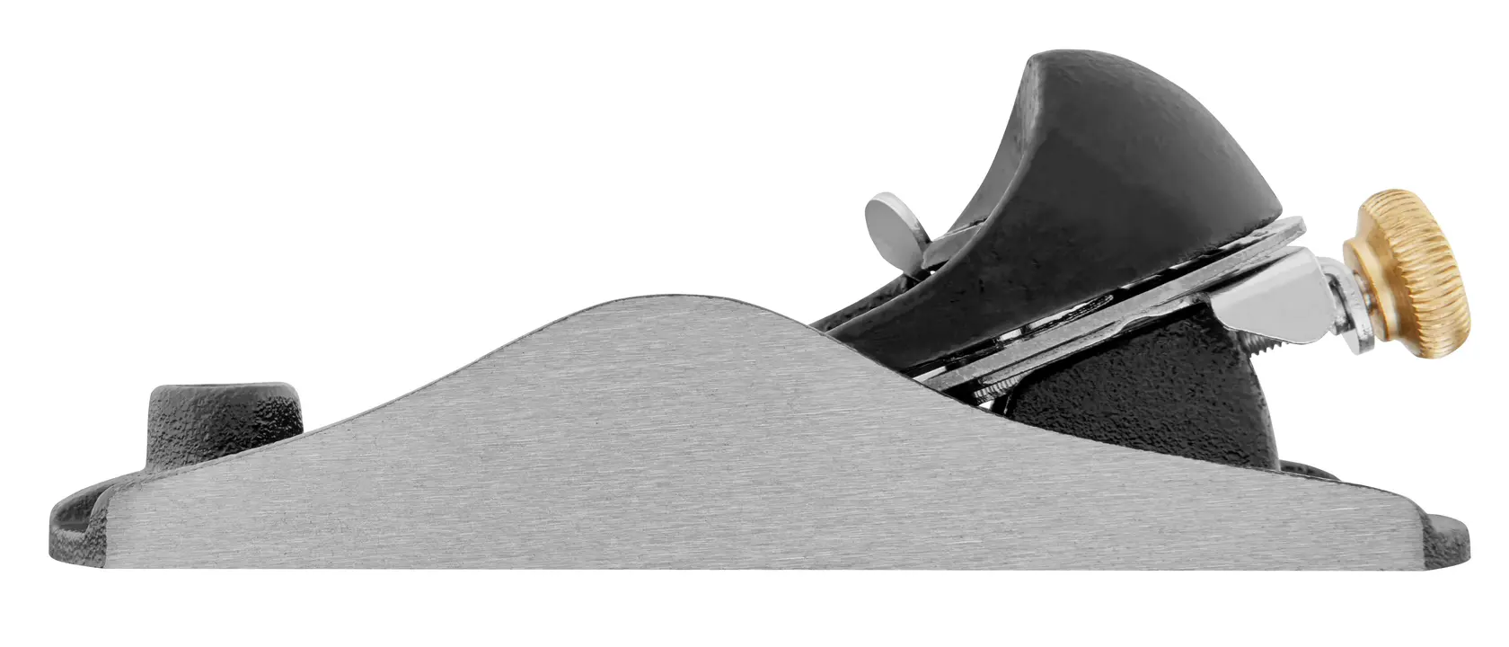 STANLEY 1-12-220 Blockhobel, Seitenansicht auf weißem Hintergrund, Metallgehäuse und Messingverstellknopf.