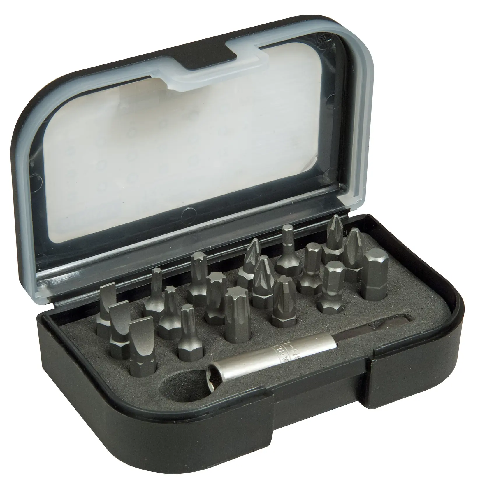 STANLEY 1-13-901 Bit-Set im schwarzen Kasten, fotografiert mit offenem Deckel und verschiedenen Bit-Typen.