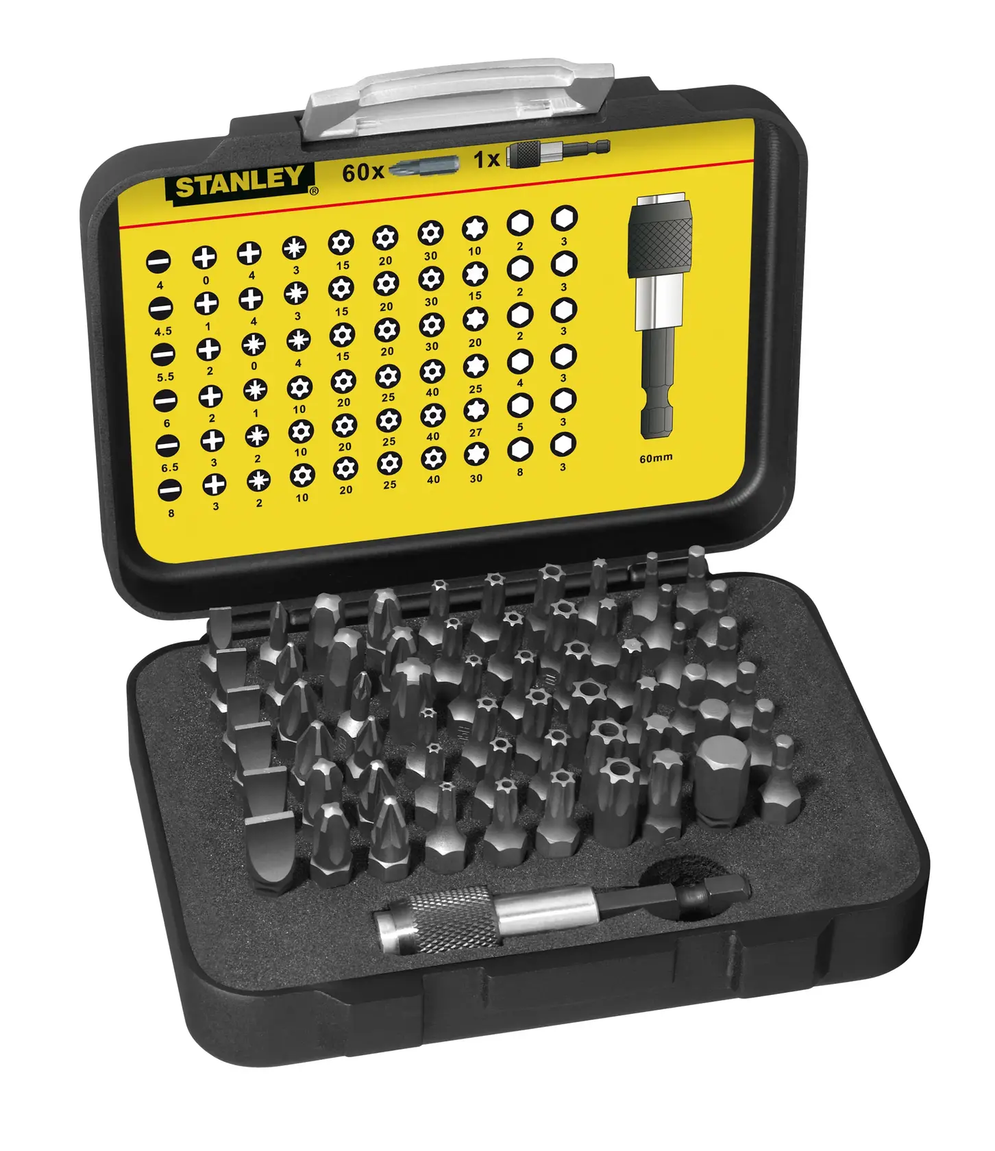 STANLEY 1-13-902 Bit- und Halter-Set, 60-teilig, in schwarz-gelbem Koffer, Draufsicht, Fotografie.