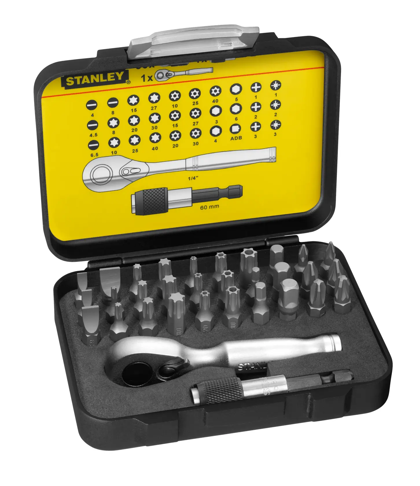 STANLEY 1-13-904 Bit- und Ratschen-Set in schwarzer Box, enthält verschiedene Bits und Ratsche, Vorderansicht.