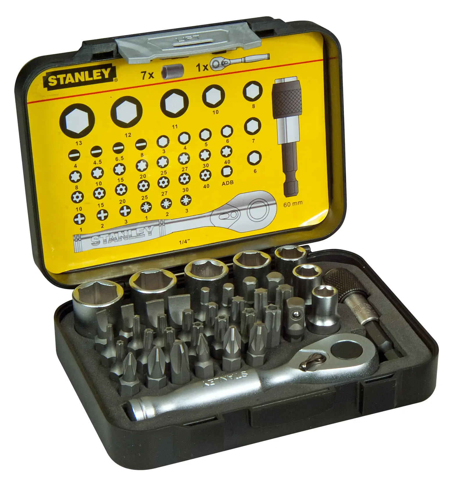 STANLEY 1-13-906 Steckschlüssel- und Bit-Set in schwarzer Box, von oben mit angeordneten Werkzeugen.