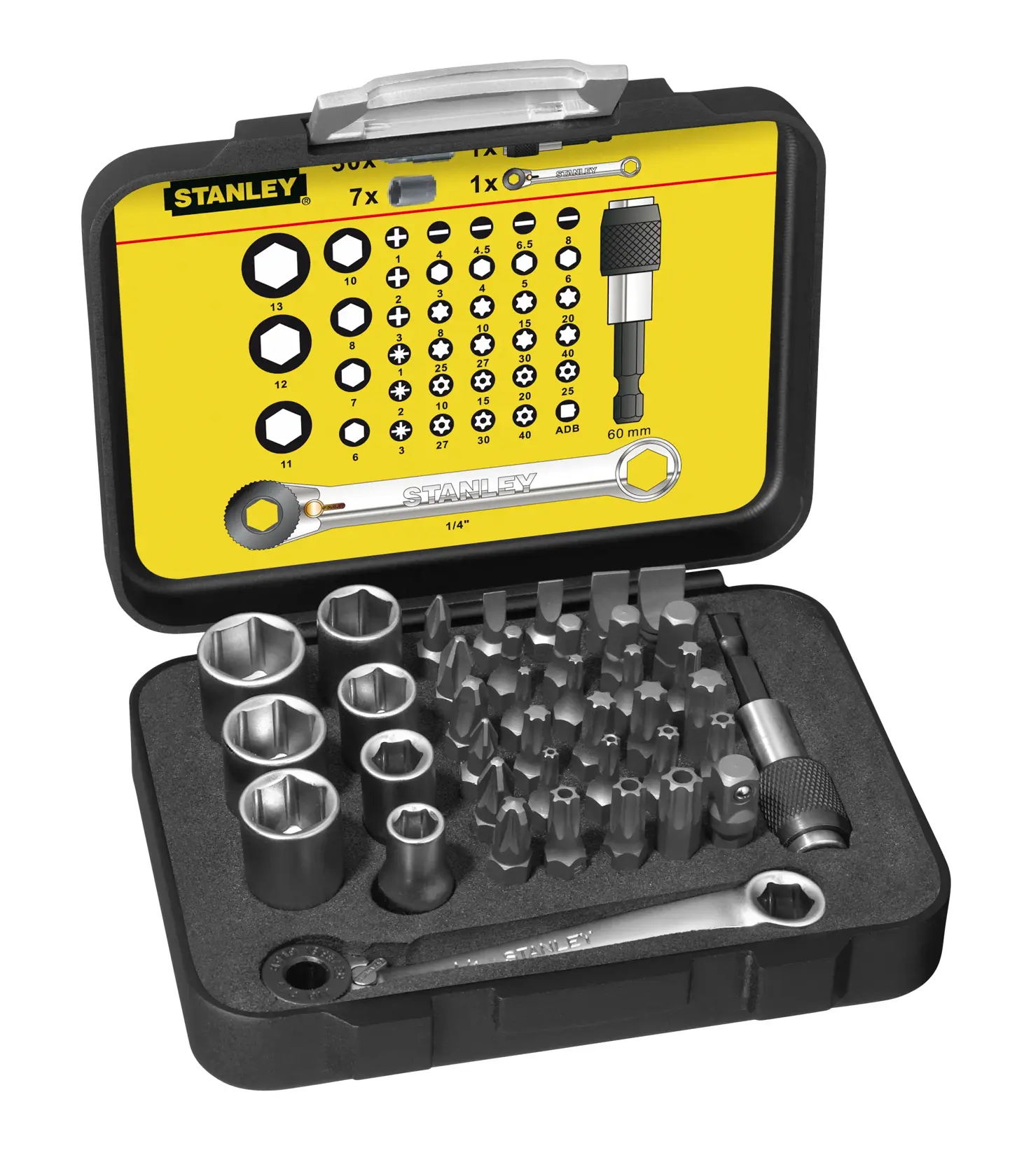 Stanley Steckschlüssel- und Bit-Set in schwarzer Box mit gelbem Deckel, verschiedene Größen für Montage.