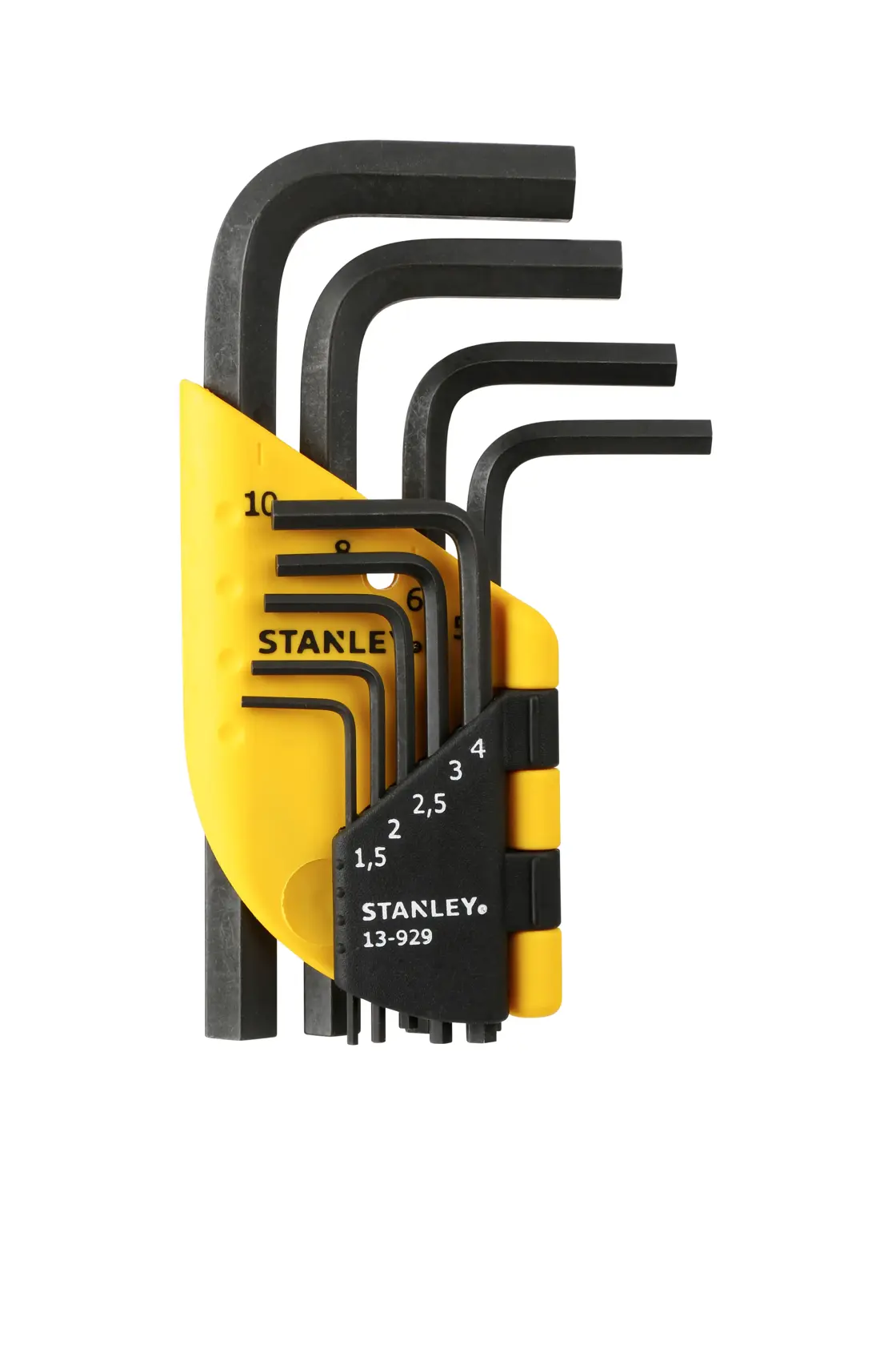 STANLEY 1-13-929 Sechskantschlüssel-Set mit gelb-schwarzem Halter, Frontansicht, alle Schlüssel nach Größe sortiert.