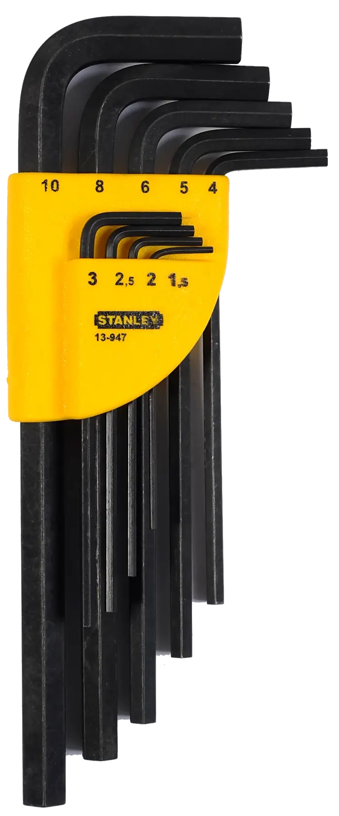 Stanley Inbusschlüssel-Set im gelben Halter, Größen 1,5-10 mm, schwarze Metallwerkzeuge.