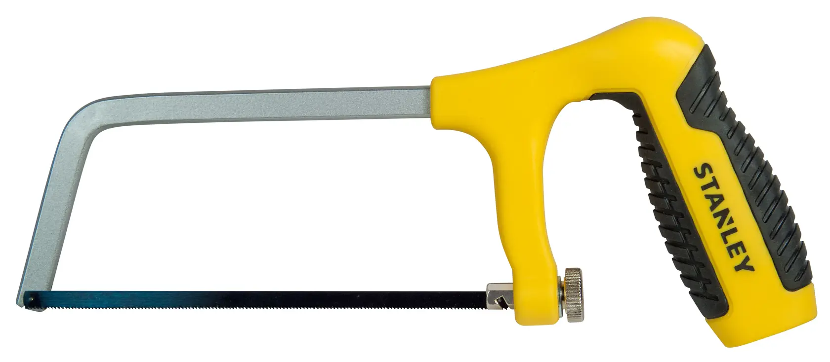 Handsägebogen mit gelb-schwarzem Griff und STANLEY-Logo, geeignet zum Schneiden von Metall.