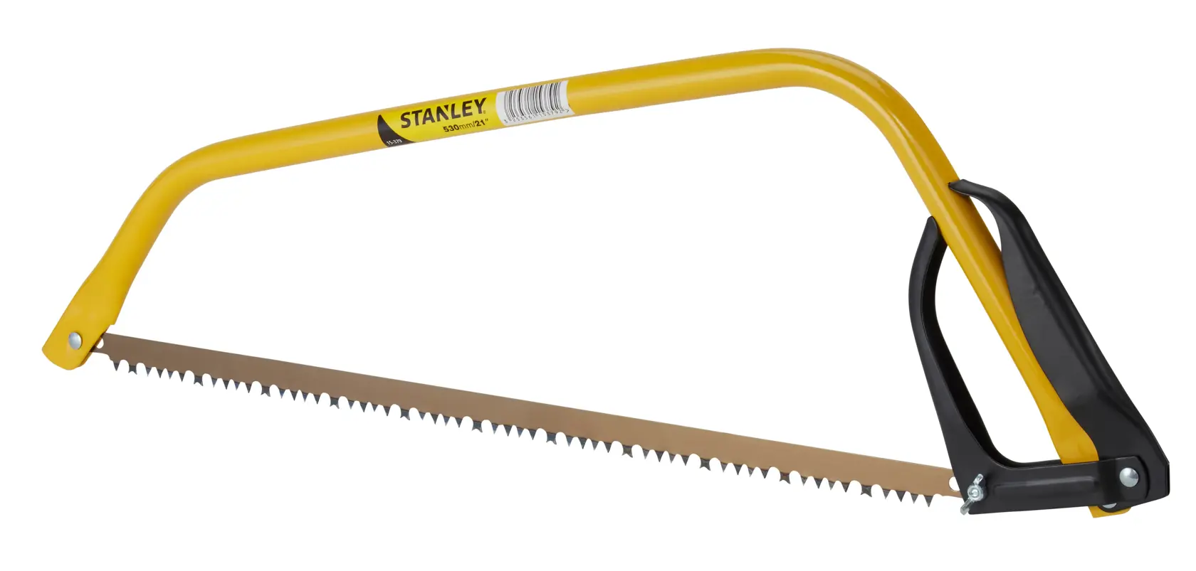 Gelbe Stanley-Bügelsäge mit gezacktem Blatt und schwarzem Griff zum Schneiden von Holz.