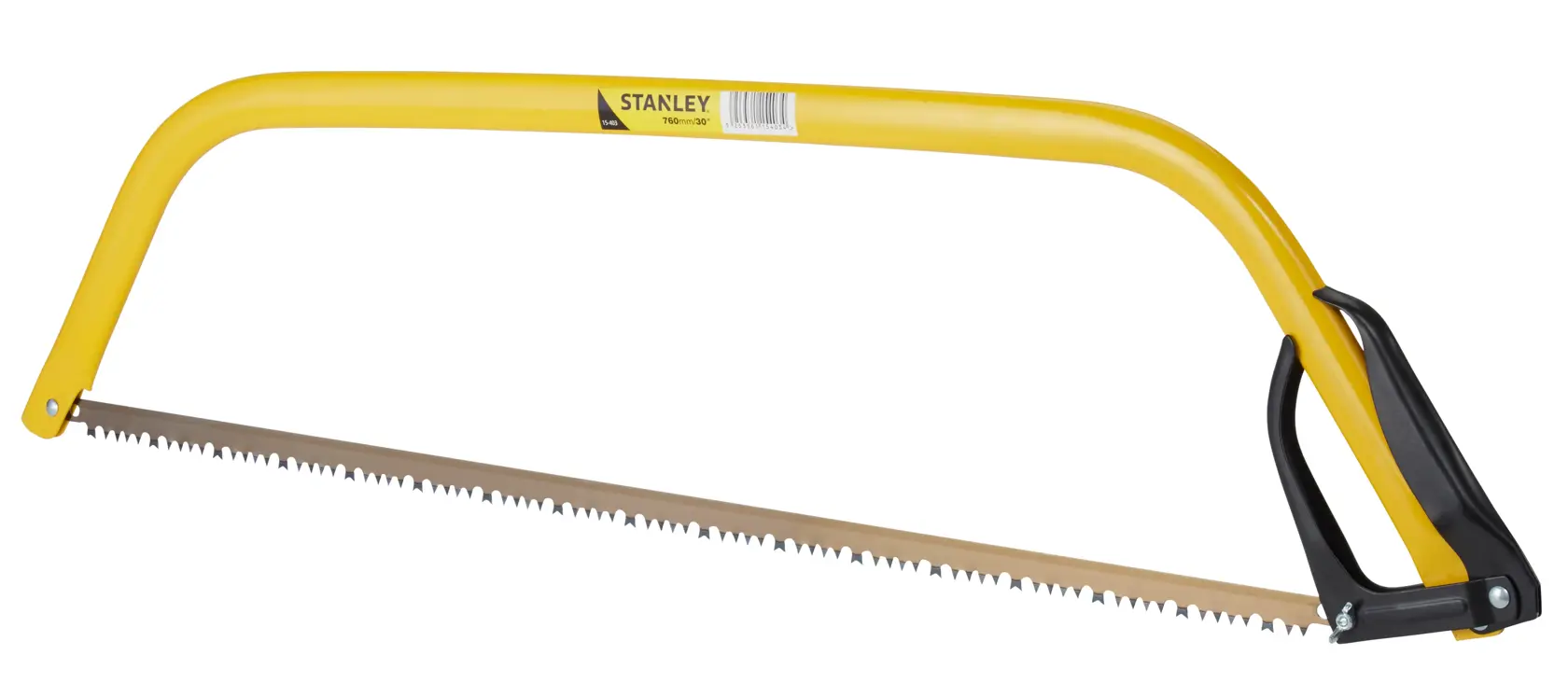 Stanley 1-15-403 gelbe Bügelsäge mit gezahnter Klinge, Seitenansicht auf weißem Hintergrund.
