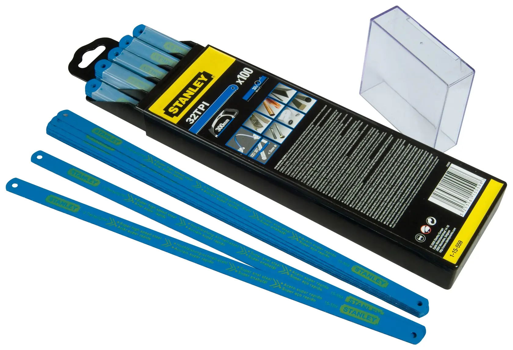 Stanley 1-15-559 Set blaue Sägeblätter, Verpackung und Aufbewahrungsbox abgebildet.