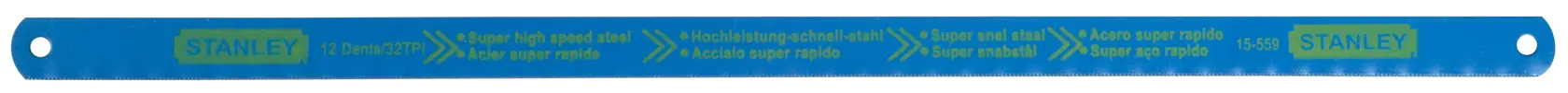 Stanley 1-15-559 Metallsägeblatt aus Schnellstahl, blau, flacher Winkel, Fotografie vor weißem Hintergrund.