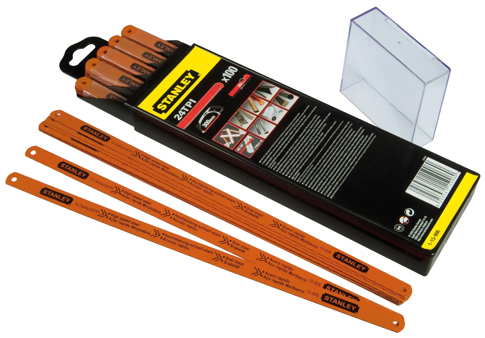Stanley-Set mit orangefarbenen Sägeblättern in Box und transparentem Behälter, geeignet für verschiedene Materialien.