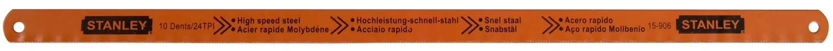 Orange STANLEY Metallsägeblatt aus Hochleistungstahl mit Produktinfos aufgedruckt.