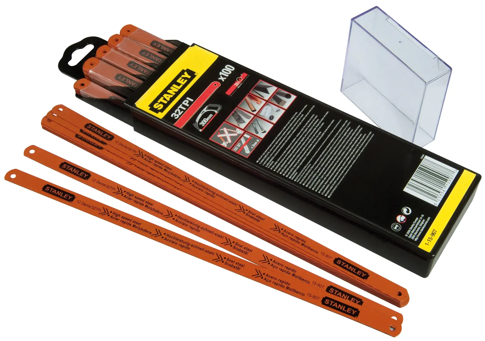Stanley 1-15-907 Set, orange Metallsägeblätter mit Verpackung und transparenter Kunststoffbox.