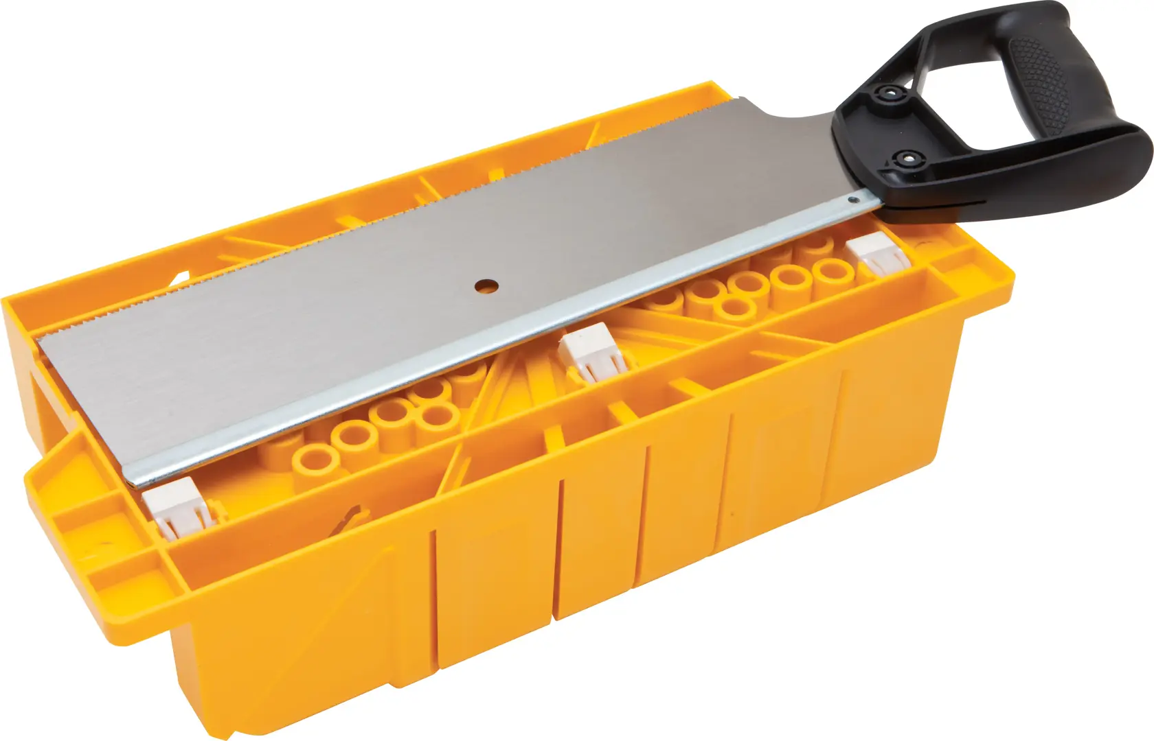 Yellow miter box set with a hand saw for precise angled cuts in woodworking.