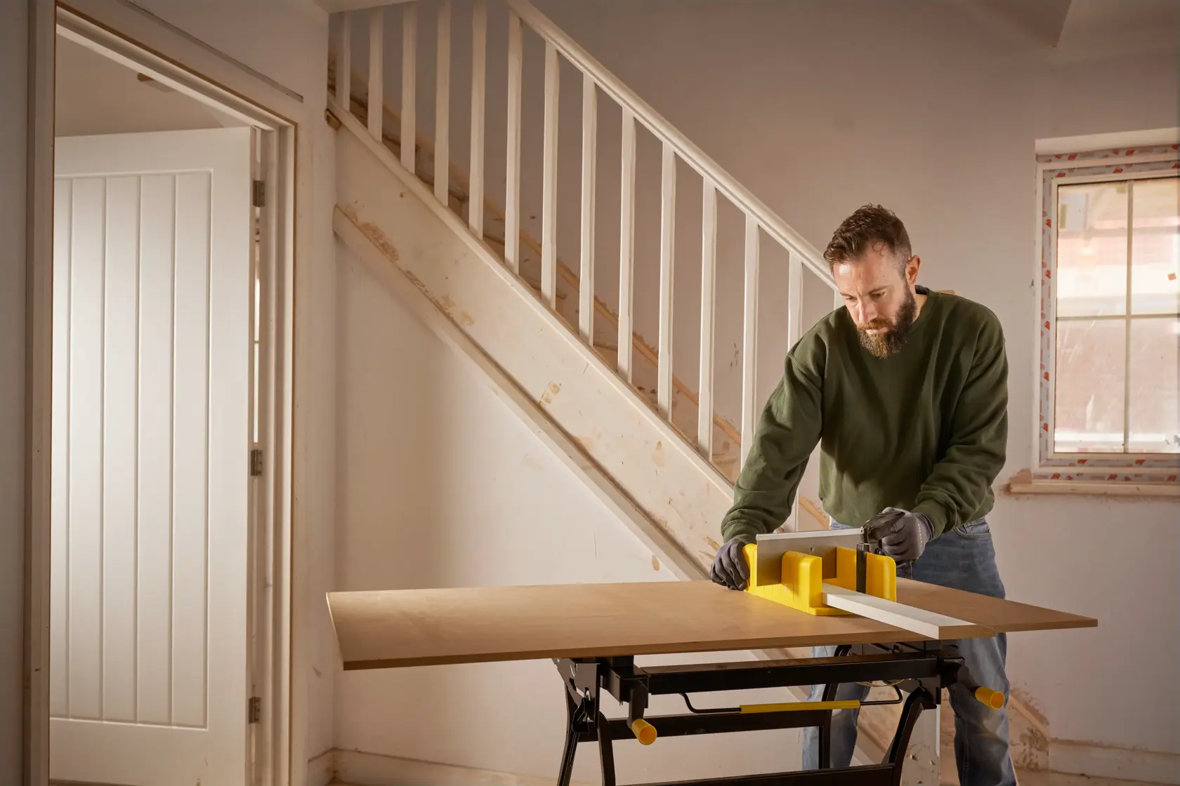 STANLEY 1-20-600 photography of yellow miter box on wooden board used for precision sawing indoors.