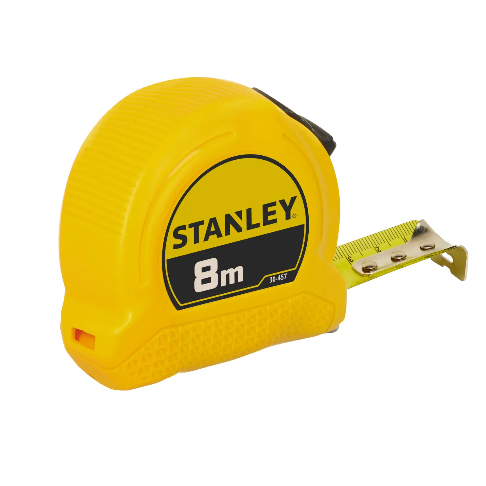Gelbes STANLEY Maßband mit 8m Länge, Metallband teilweise ausgezogen.