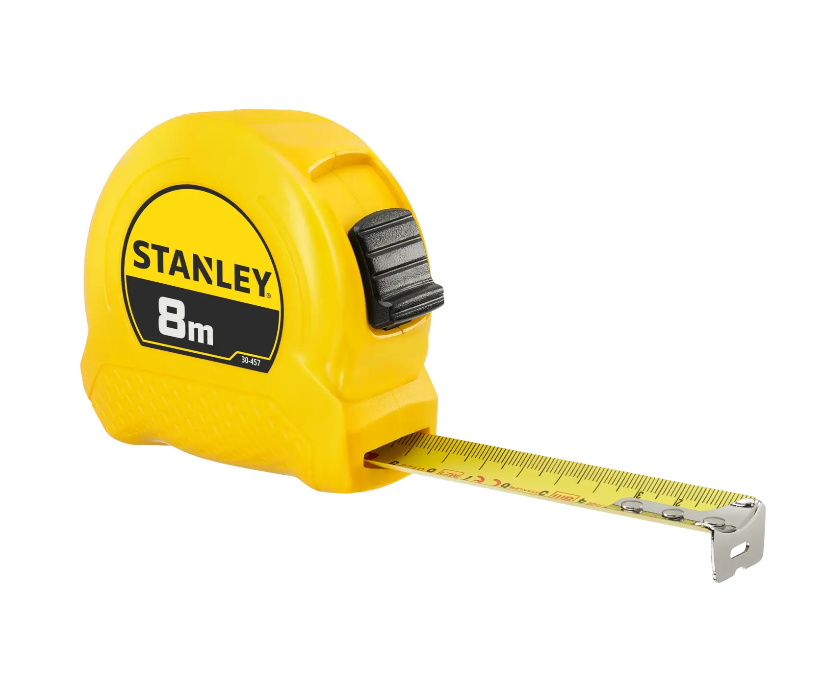 Foto vom STANLEY 1-30-457 gelben 8m Maßband Frontansicht, schwarzes Rundetikett mit gelber Schrift.