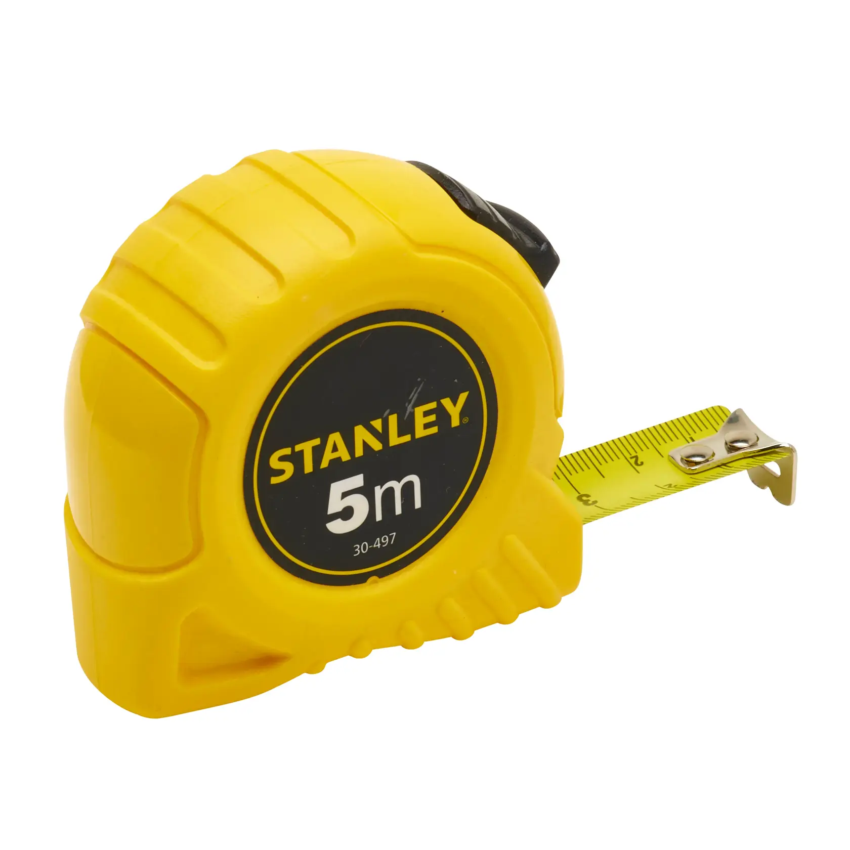 Foto des gelben STANLEY 1-30-497 5m Maßbands, Seitenansicht, mit teilweise ausgezogenem Band.