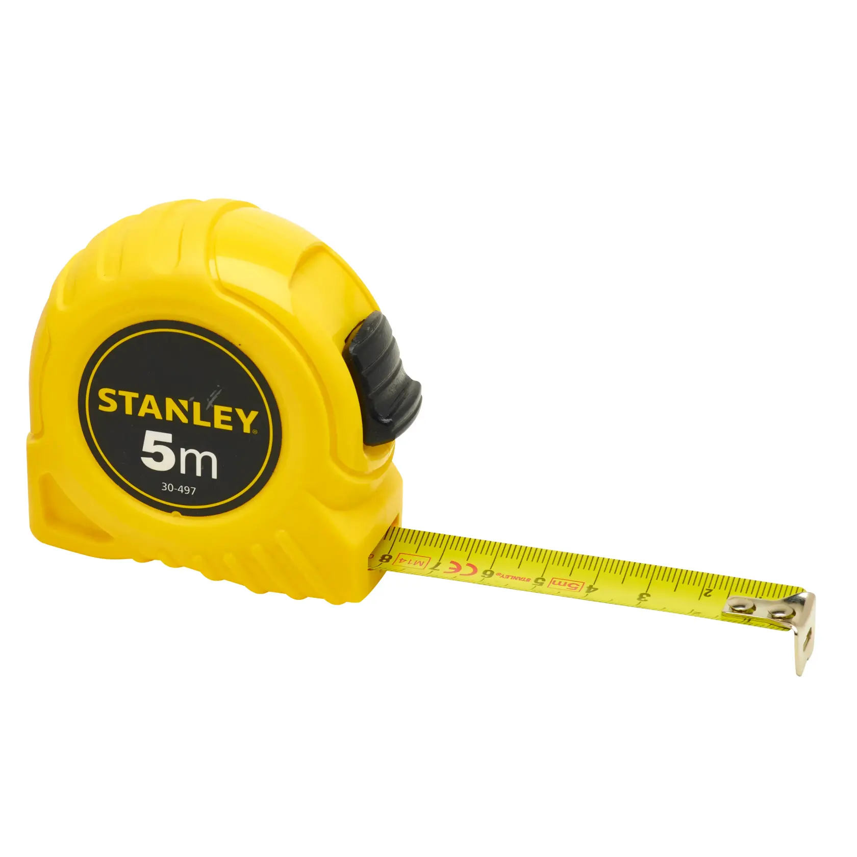STANLEY 1-30-497 gelbes Maßband mit schwarzem Knopf, 5m Länge, Produktfoto, Vorderansicht.