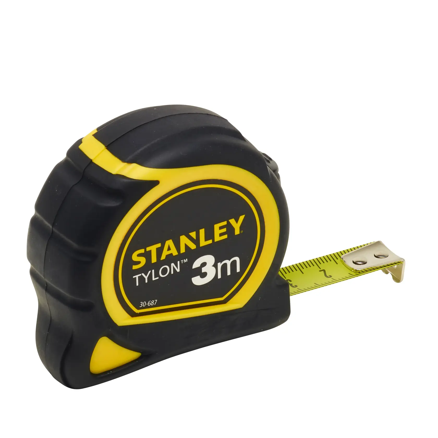 Stanley Tylon 3m Maßband mit gelb-schwarzem Gehäuse und ausgezogenem Metallende, SKU 1-30-687.
