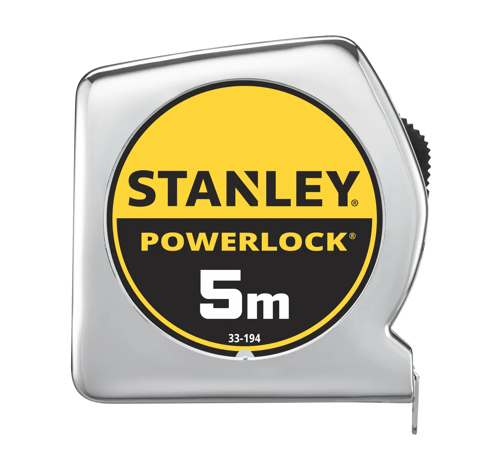 STANLEY 1-33-194 Maßband, PowerLock Serie, 5m Länge, Chromgehäuse, Frontansicht auf weißem Hintergrund.
