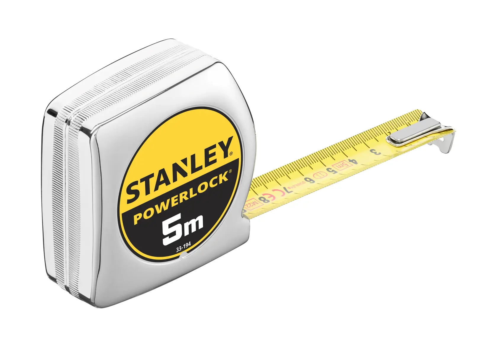 STANLEY 1-33-194 Maßband, 5m PowerLock, gelbes Band, Seitenansicht des Produkts, Fotografie.