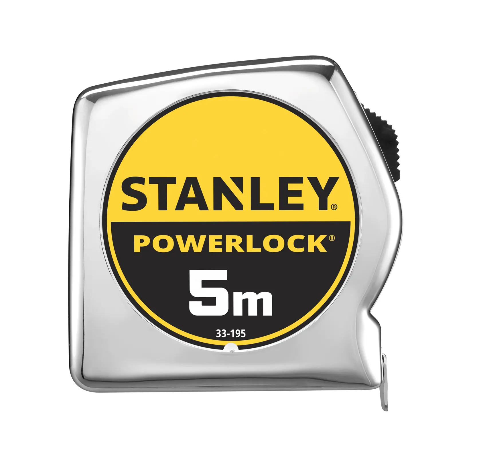 STANLEY 1-33-195 Powerlock Maßband, 5m Länge, Chromgehäuse, Vorderansicht, Fotografieprodukt.