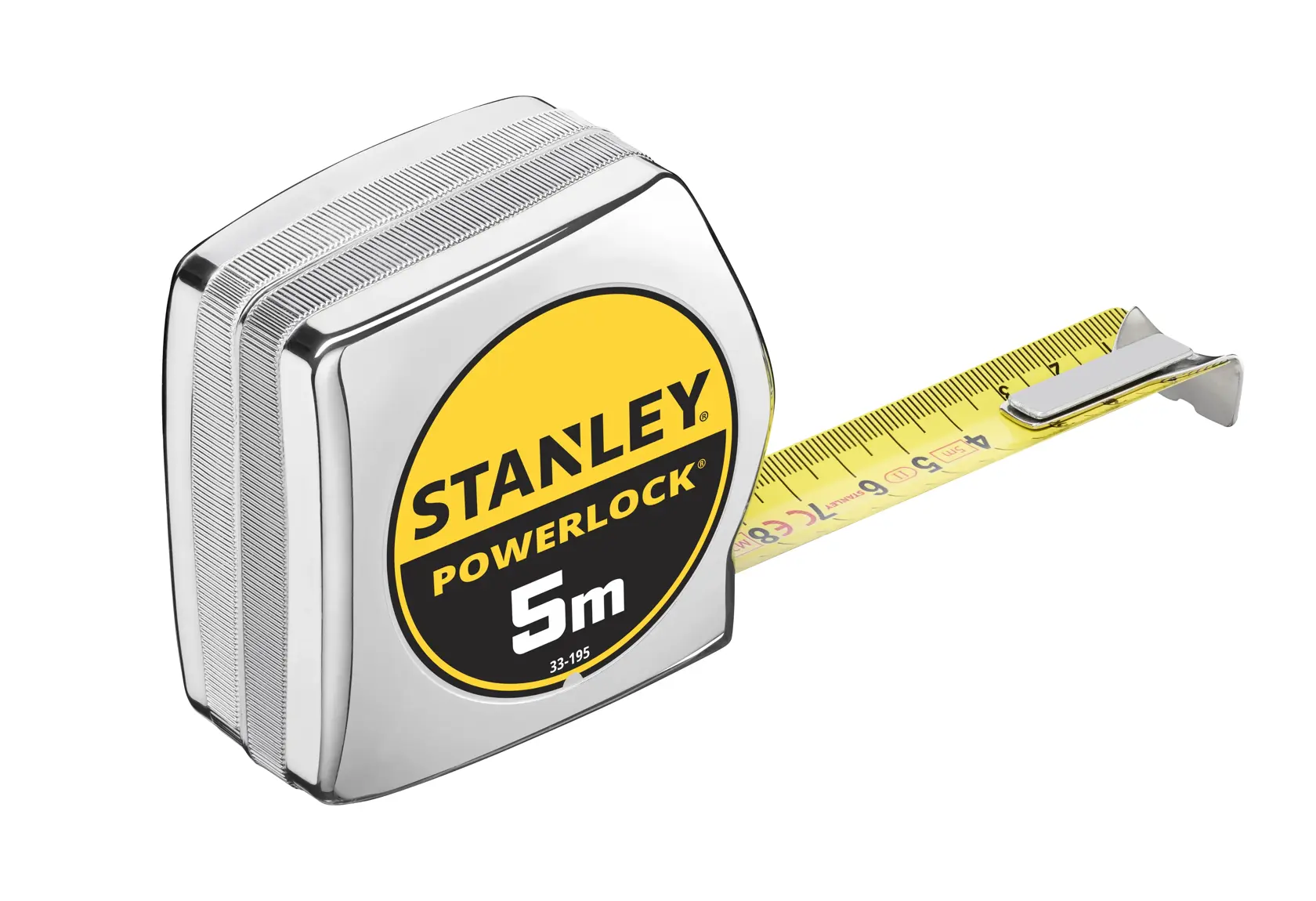 STANLEY 1-33-195 Maßband, PowerLock, 5m, silbernes Gehäuse, gelbes Band, Seitenansicht, Fotografie.